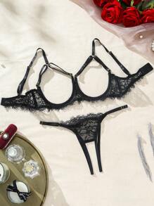 SHEIN 女士性感蕾丝镂空内衣套装，外出时，坏蛋造型 - 黑色 - 查看 5