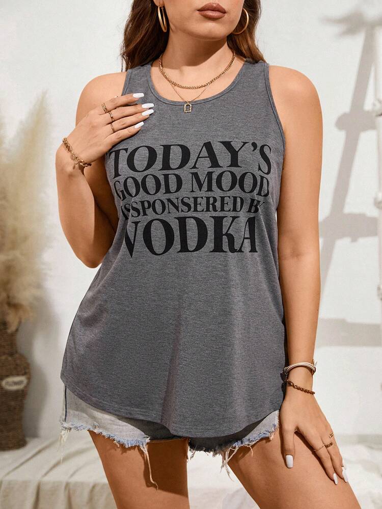 SHEIN LUNE Plus Size Gray Round Neck Casual Tank Top For Summer With Printed Slogan - Grey - View 4