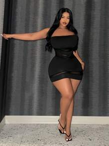 Slaydiva Plus Size Women's Mesh Splice Strapless Dress