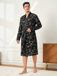 Men'S Cartoon Printing Belted Robe With Front Pocket - Black - View 5
