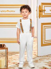 Young Boy Casual Geometric Pattern Overalls With Braces Sibling - White - View 5
