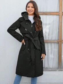 GASMAN 冬季女士休闲纯色双排扣连帽棉服大衣 - 黑色 - 查看 1