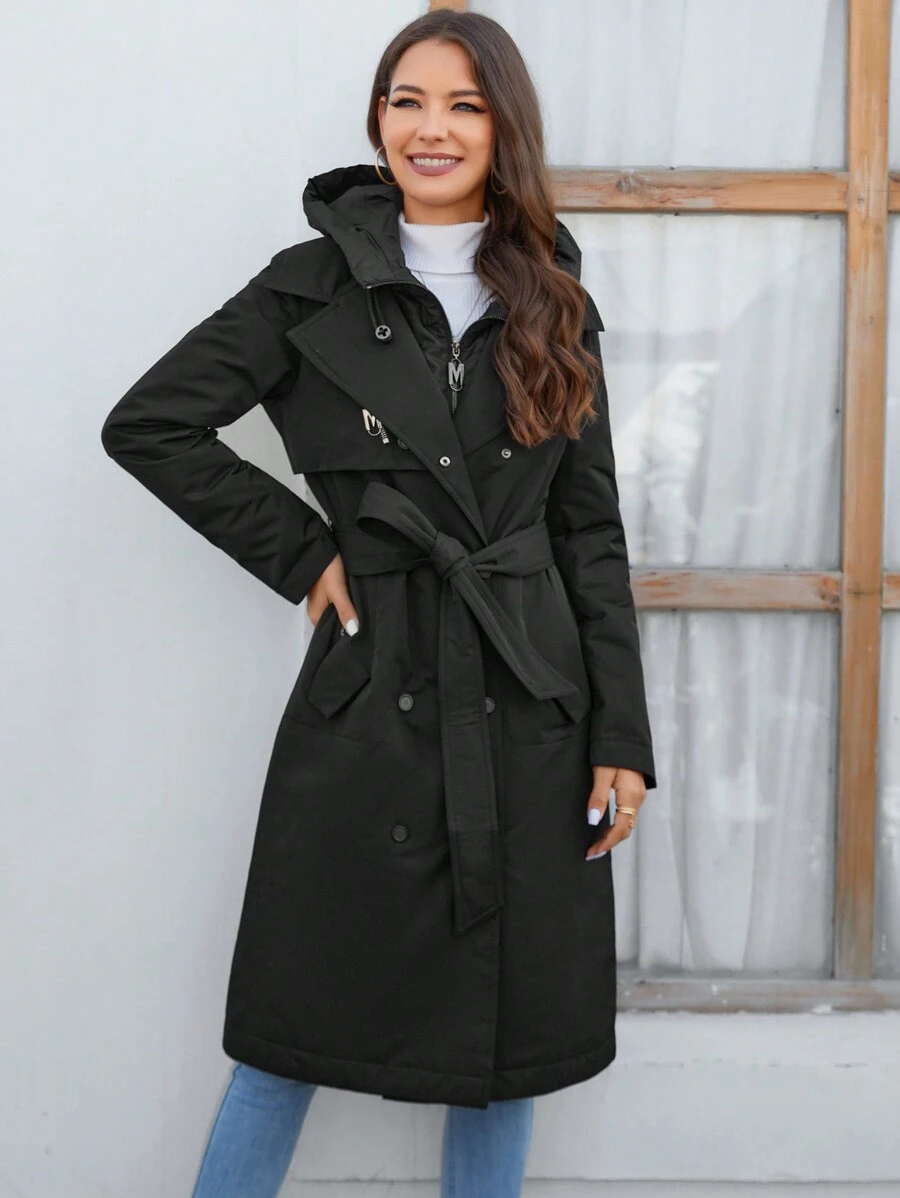 GASMAN 冬季女士休闲纯色双排扣连帽棉服大衣 - 黑色 - 查看 1