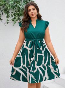 Reflora 大码女式印花拼布荷叶边袖宽松连衣裙 - 綠色 - 查看 5