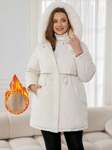 SHEIN Privé 大码女式优雅连帽加厚外套，带保暖内衬 - 杏色 - 查看 3