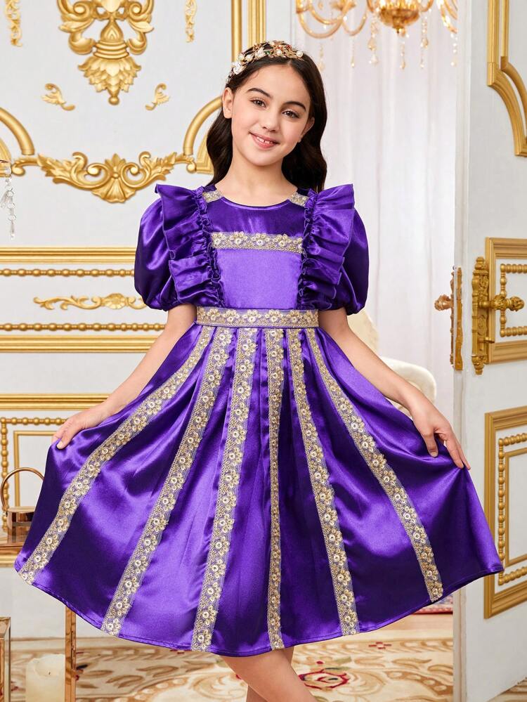 Tween Girls' Ribbon Detailed Bubble Sleeves Ruffled Hem Dress