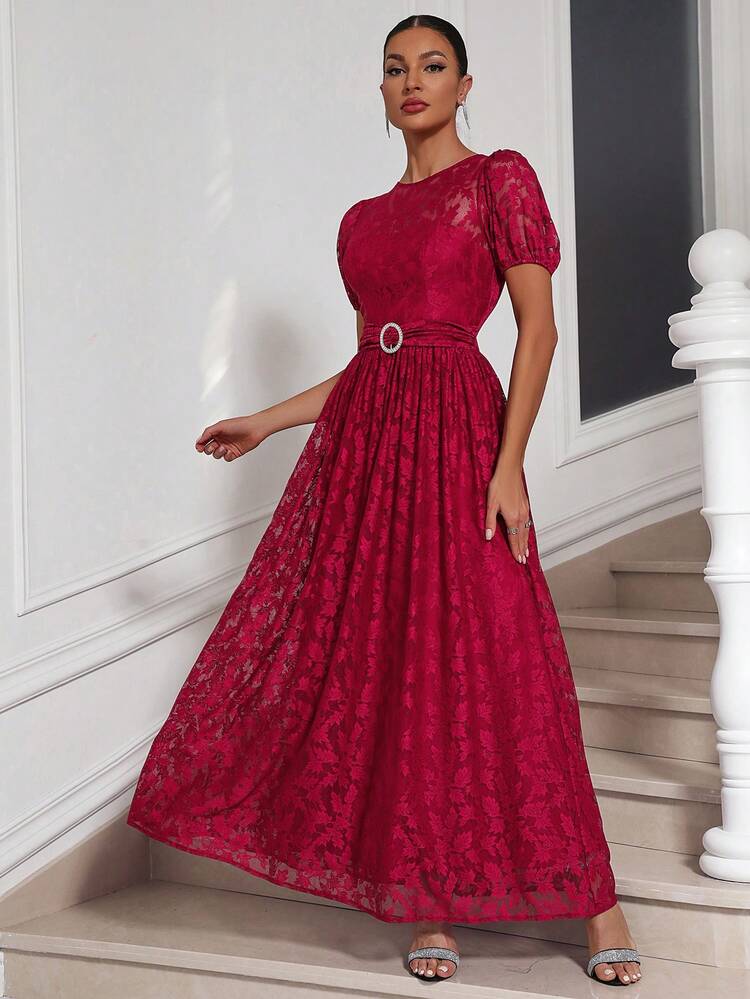 Burgundy Red Round Neck Puff Short Sleeve Belted Lace Flower Dress