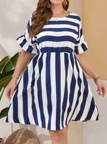 EMERY ROSE Summer Pride Outfits Striped Plus Size Off Shoulder Dress - Blue and White - View 4