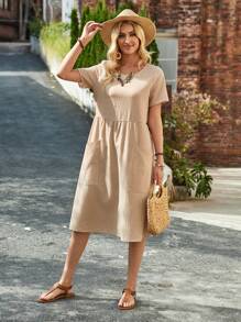 EMERY ROSE Vestido Manga Curta de Gola Redonda para Primavera Feminino com Bolsos e Estampa de Boneca - Damasco - Visão 6
