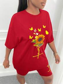 Slaydiva Conjunto De Camiseta Y Pantalones Cortos Con Cuello Redondo Y Estampado De Girasoles Y Mariposas Para Mujer - Rojo - Ver 3