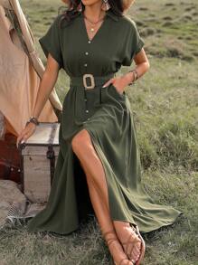 LanaWest Women's V-Neck Button Detail Slit Dress Maxi Women Outfit - Army Green - View 3