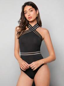 BizChic Của phụ nữ Không tay Áo liền quần chặt Với Sự tréo nhau Cái cổ Và Dệt Chi tiết băng - màu đen - Xem 3