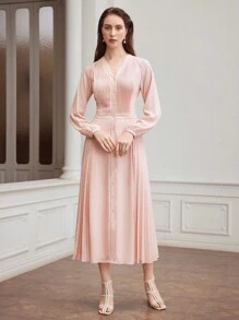 MOTF PREMIUM WOMEN'S WEAVE SOLID COLOR SPLICED PLEATED DRESS,SUMMER OUTFITS - Pink - View 8