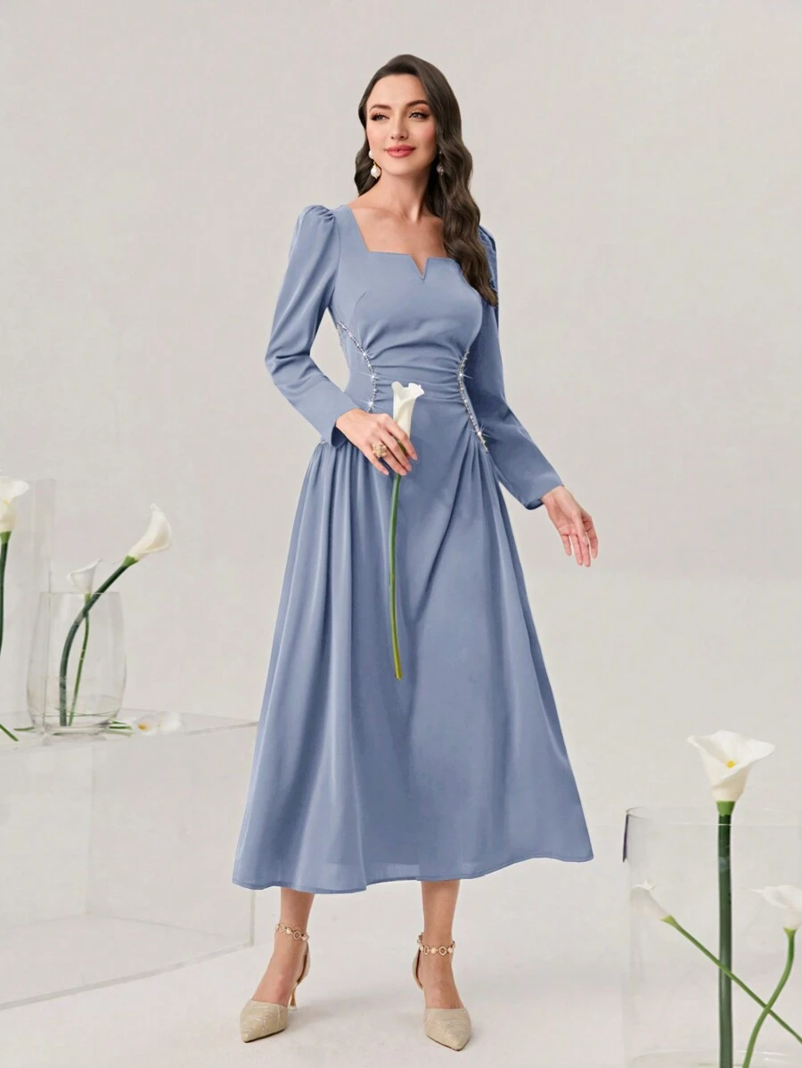 Modelyn Sweetheart Neck Puff Sleeve Ruched Front Formal Dress Long Evening Dresses