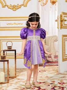 SHEIN Vestido de línea A de bloques de color hermosos para niña joven con detalles de parche - Morado - Ver 5