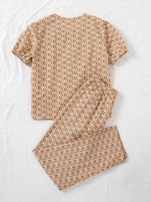 Tween女孩全印花釦前上衣和長褲睡衣套裝 - 藕粉色 - 查看 2