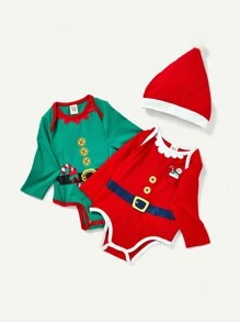 男嬰2入組聖誕圖案連身背心&1入組帽 - 紅色 - 查看 2