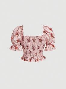SHEIN MOD 女裝花卉印花蓬松袖襯衫 - 粉色 - 查看 2