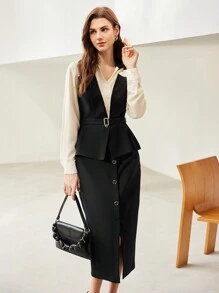 MOTF PREMIUM 編織女士2合1腰帶襯衫 - 黑與白 - 查看 7