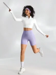 Lifespree Women's Wide-Waistband Side Pocket Sports Shorts With Phone Pocket - Mauve Purple - View 5