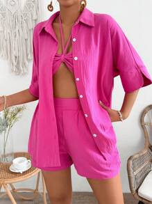 Breezaya Set Di Cardigan Donna A Bottone In Tinta Unita - Fucsia - Visualizzare 5