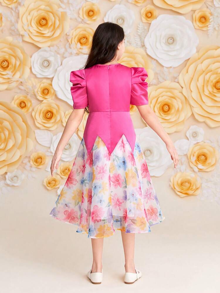 Tween Girls' Floral Printed Patchwork Round Neck Gigot Sleeve Dress