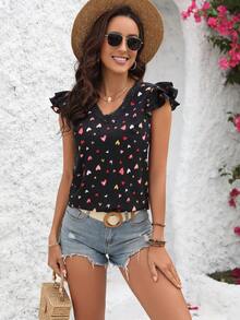 SHEIN Frenchy Của phụ nữ Ren Cắt tỉa Cổ chữ V In Trái tim Áo sơ mi - màu đen - Xem 5