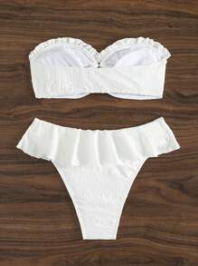 SHEIN Swim Summer Beach Women's Ruffled Texture Bandeau Bikini Set - White - View 3