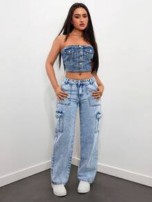 SHEIN ICON Của phụ nữ Eo thấp Quần legging thẳng Với Nhiều Túi , Acid Denim mùa giặt - Rửa trung bình - Xem 4