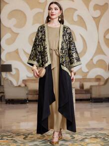 Al Najma Women's Sleeveless Belted Dress + Batwing Sleeve Asymmetric Hem Coat Kaftan 2pcs/Set, Elegant Luxury Evening Party Style 2 Piece Set - Multicolor - View 5