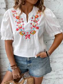 Breezaya Áo cánh Boho cổ khoét hoa cỡ lớn mùa hè - trắng - Xem 5