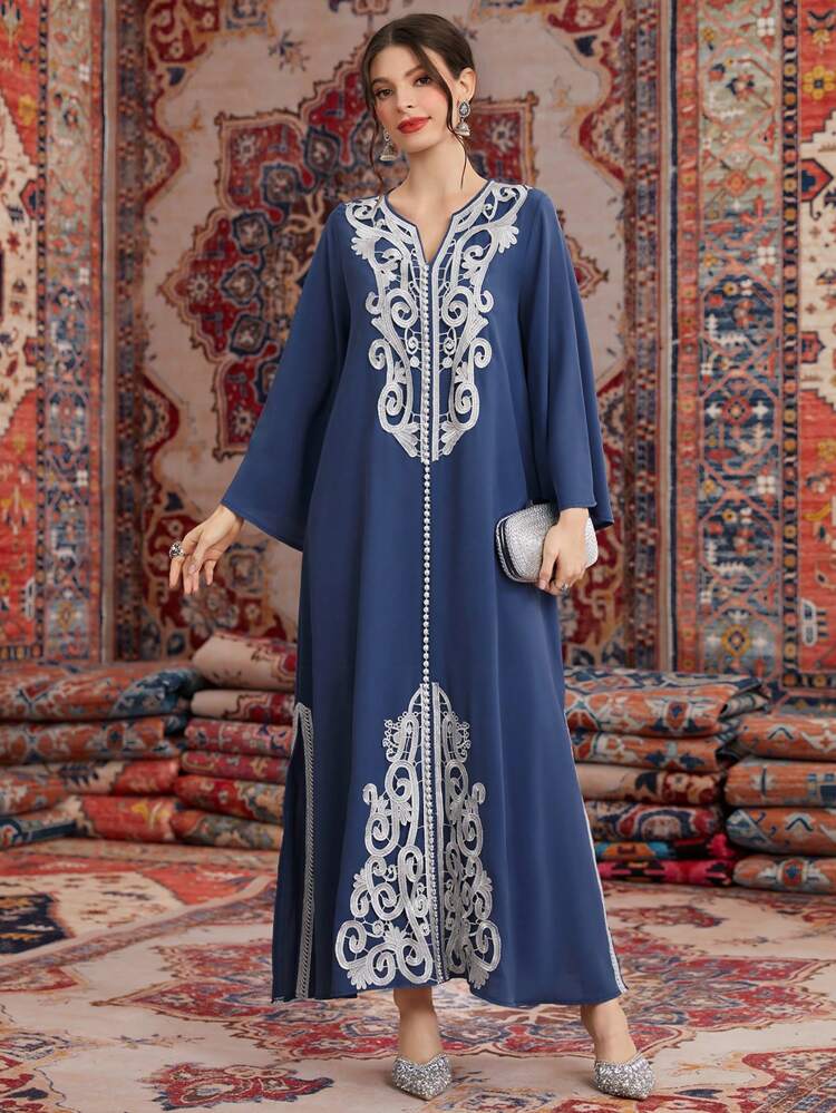 Women's Patchwork Embroidery Dress With Notched Collar Kaftan Jalabiya Dress