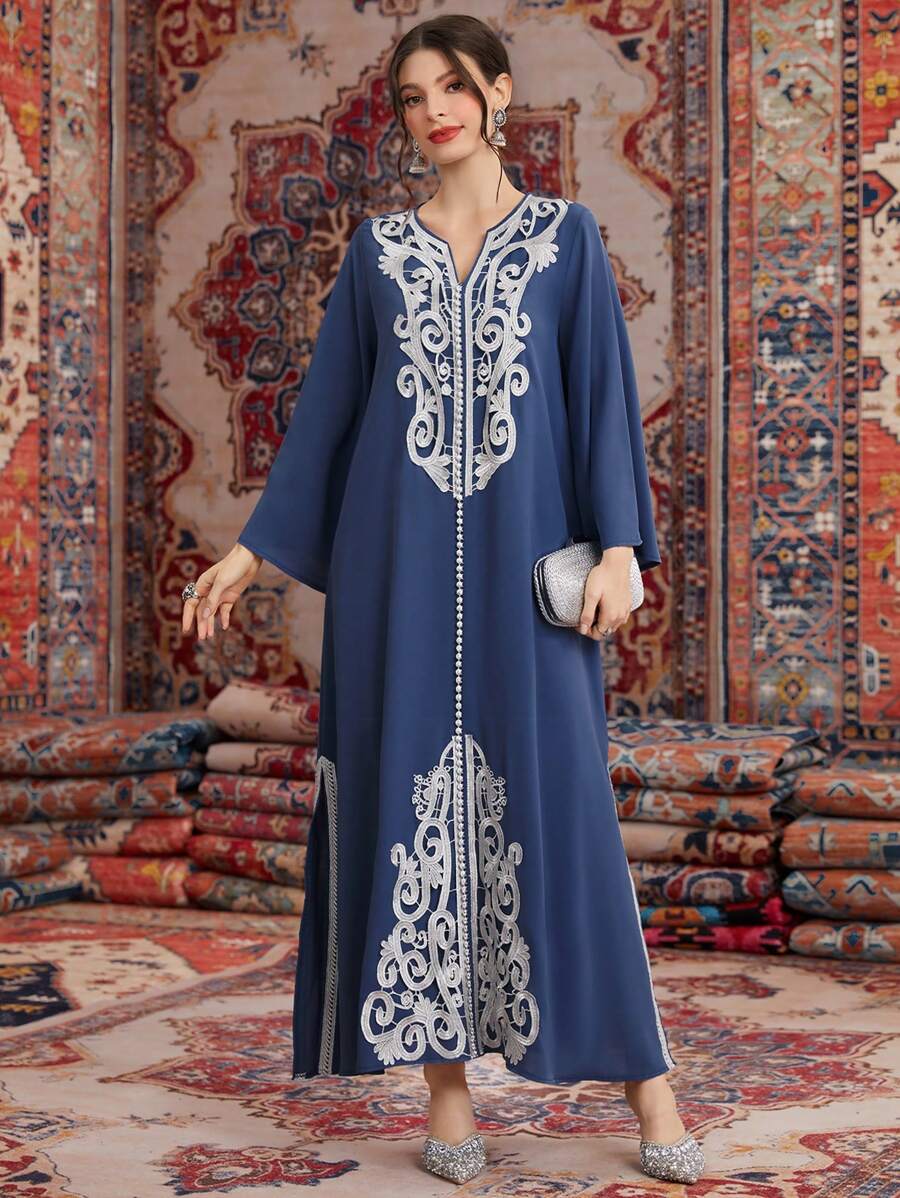 Al Najma Women's Patchwork Embroidery Dress With Notched Collar Kaftan Jalabiya Dress - Blue - View 1