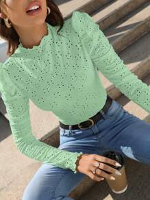SHEIN Frenchy Women Spring/Summer Slim Fit T-Shirt With Stand Collar, Cap Sleeves And Eyelet Embroidery Frill Trim Tee Textured Sheer Fabric