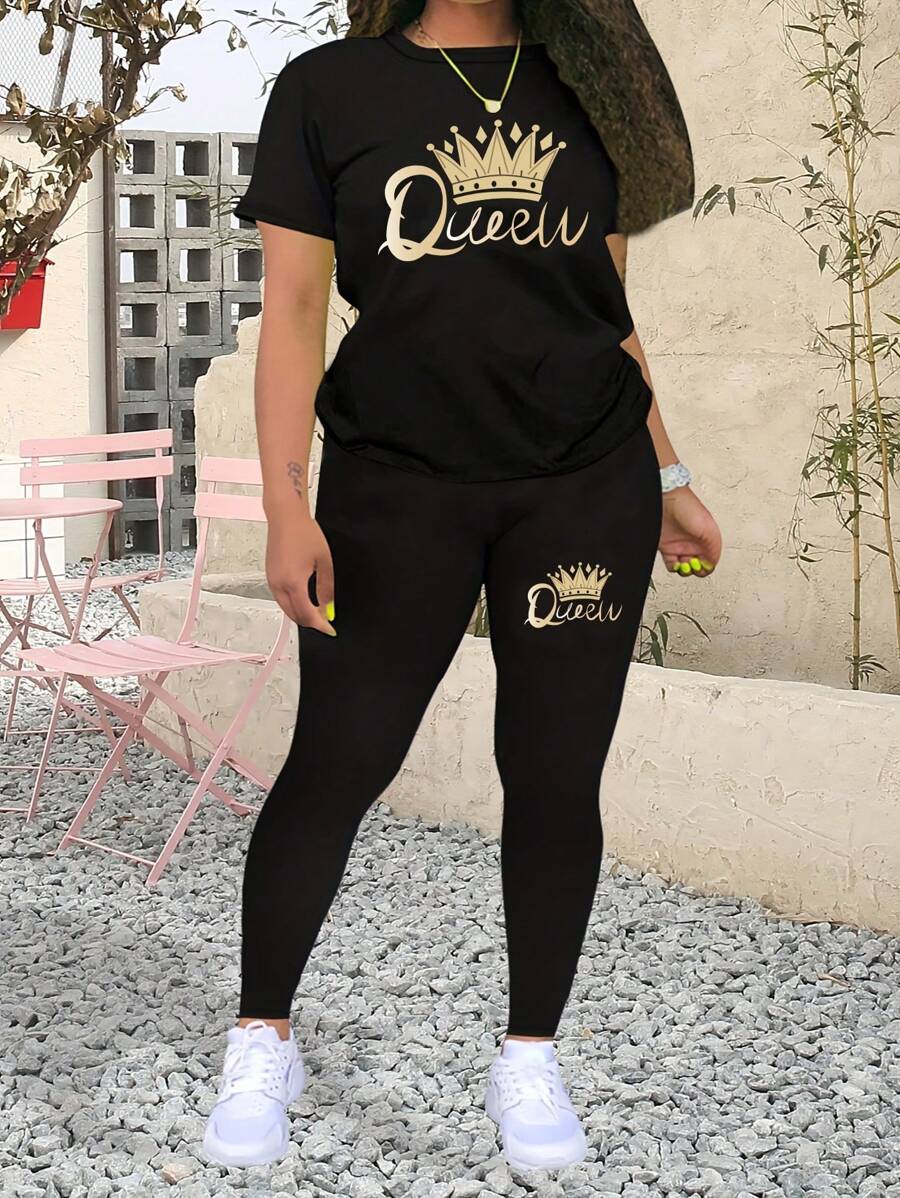 Casual Women Fashion Versatile Crown Letter Print Short Sleeve T-Shirt And Leggings 2-Piece Set - Black - View 1