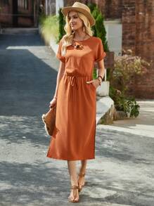 EMERY ROSE Women's Summer Brick Red Round Neck Batwing Short-Sleeve Midi Dress