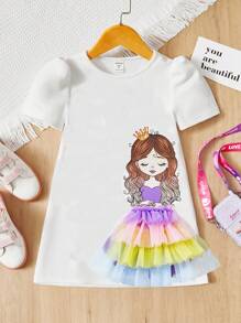 SHEIN 幼兒女童寬鬆休閒圓領連身裙,女孩設計 - 白色 - 查看 1