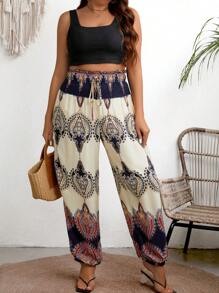 Breezaya 大尺碼女士花卉印花收縮腰褲 - 杏色 - 查看 4