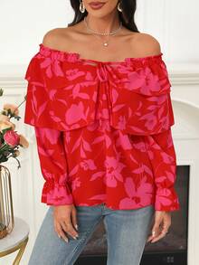 SHEIN LUNE Women'S Off-Shoulder Printed Asymmetrical Hem Blouse - Red - View 4