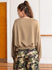 SHEIN Sports Women's Drop Shoulder Athletic Sweatshirt With Letter Print - Khaki - View 2
