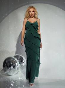 D&M Sexy Satin Cami Backless Cocktail Party Dress With Ruffle Trim - Green - View 1