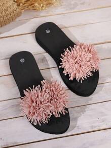 流苏花朵女士凉拖鞋，露趾圆头轻便平底鞋，休闲弹力轻便女士沙滩鞋，女士百搭凉拖鞋 - 粉色 - 查看 4