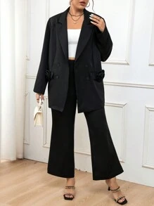 SHEIN Unity 大尺碼純色雙排扣西裝,配有花朵裝飾 - 黑色 - 查看 5