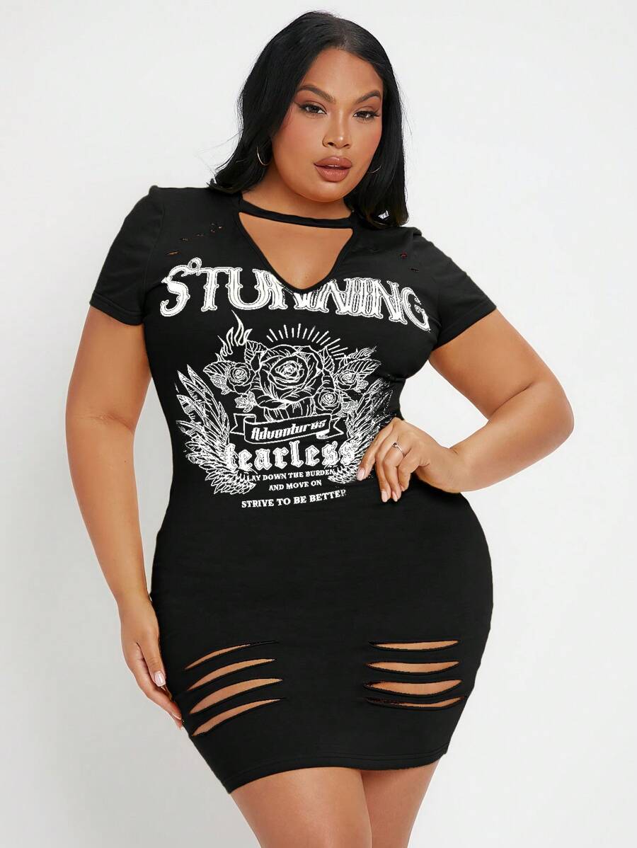 SHEIN SXY Kích thước lớn Của phụ nữ Ngắn tay In Cổ chữ V Đầm - màu đen - Xem 1