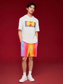 Manfinity Unisex Ensemble T-shirt À Capuche Casual À Manches Courtes Et Short Pour Homme Avec Design Imprimé, Coupe Ample