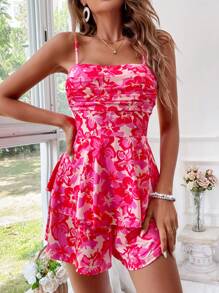 Vivid Eden 女款紅色花卉印花細肩帶度假連身褲 - 粉色 - 查看 3