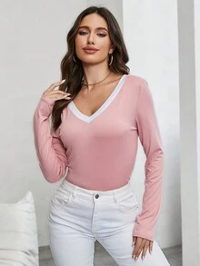 SHEIN Privé 女款對比色長袖v領t卹 - 彩色 - 查看 3