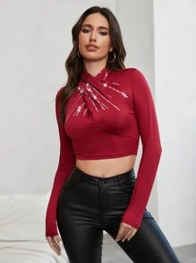 SHEIN Privé 閃閃發光的鑽石裝飾交叉領長袖短襯衫 - 紅色 - 查看 3