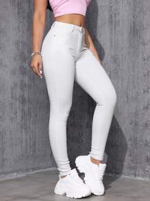 SHEIN Essnce 牛仔實色修身褲,斜口袋設計 - 白色 - 查看 4
