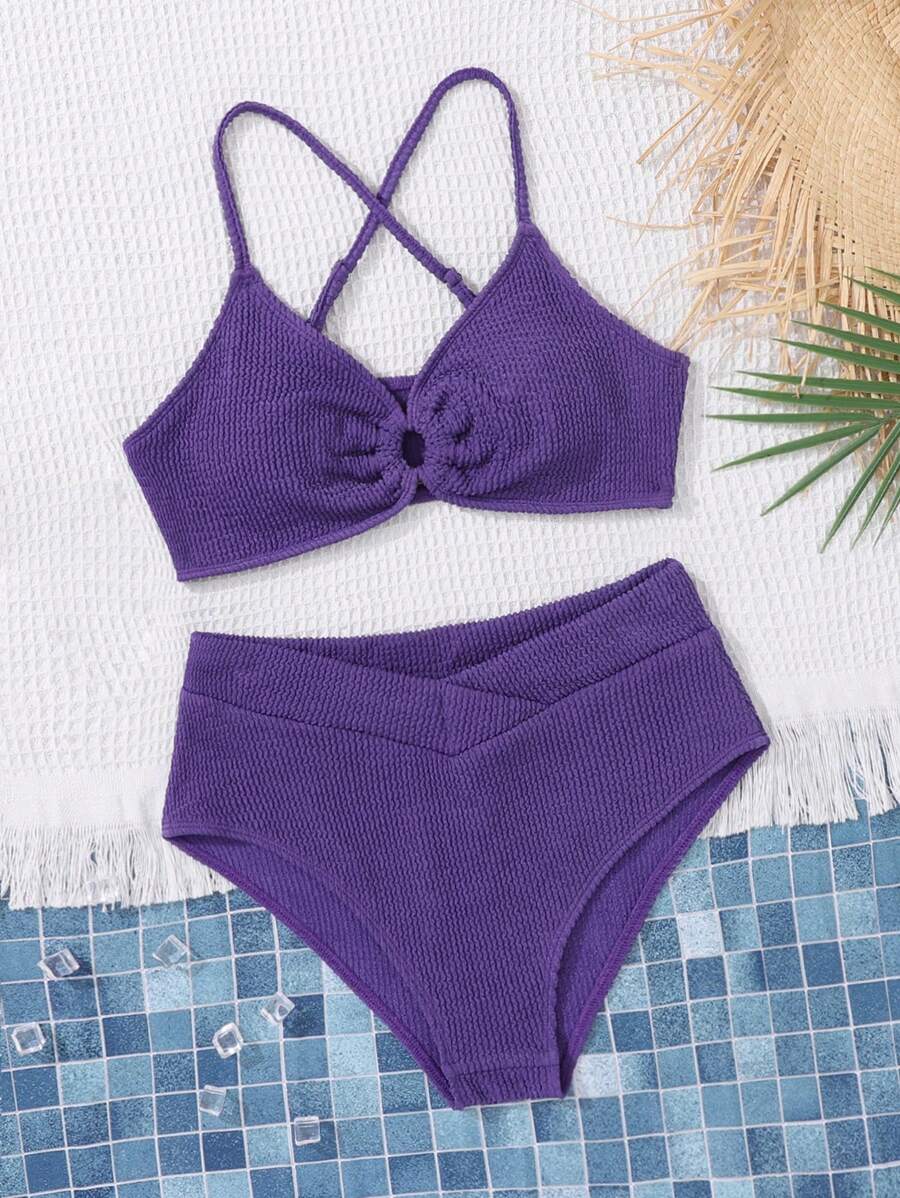 SHEIN 少女交叉吊带背心镂空圆形重叠三角形底部比基尼套装夏季海滩 - 紫色 - 查看 1